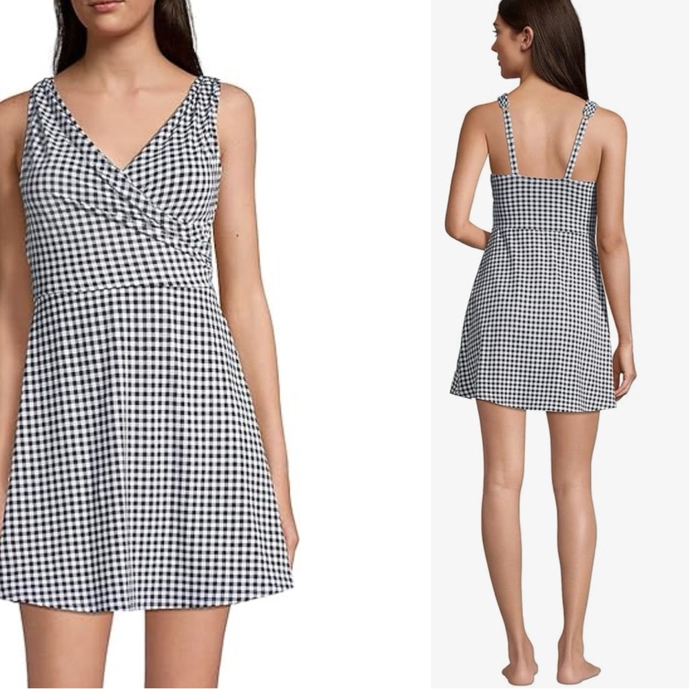 Euc Lands' End Tummy Control Black/White Gingham Swim Dress Size 12 NWOT
